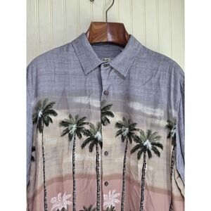 Back Bay Shirt Mens XL Gray Pink Rayon Hawaiian Aloha Palm Tree Button‎ Front